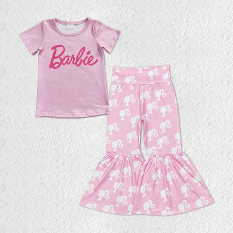 GSPO1301 baby girl clothes barbie pink girl bell bottom outfit