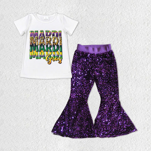 GSPO1326 baby girl clothes leopard tshirt girl mardi gras sequin bell bottom outfit