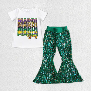 GSPO1327 baby girl clothes leopard tshirt girl mardi gras green sequin bell bottom outfit