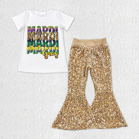GSPO1328 baby girl clothes leopard tshirt girl mardi gras golden sequin bell bottom outfit