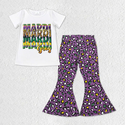 GSPO1329 baby girl clothes leopard tshirt girl mardi gras denim bell bottom outfit