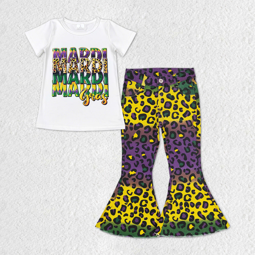 GSPO1330 baby girl clothes leopard tshirt girl mardi gras denim bell bottom outfit