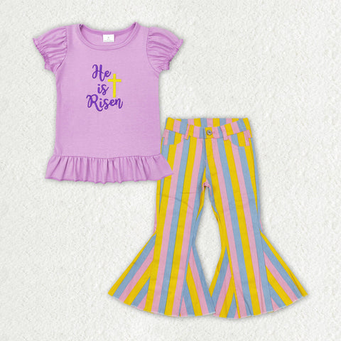 GSPO1407 baby girl clothes embroidery he is risen girl easter bell bottoms jeans outfits
