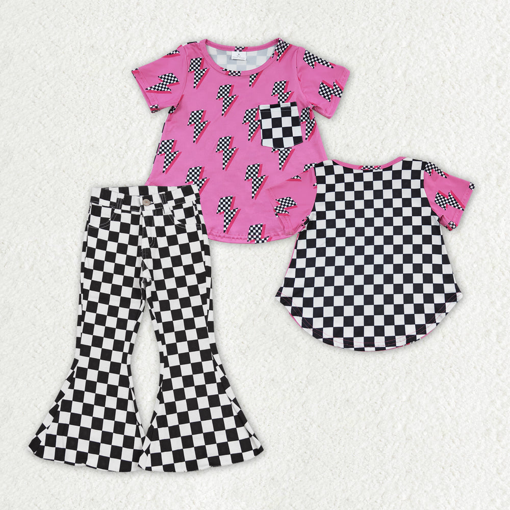 GSPO1411 baby girl clothes plaid print girl bell bottoms jeans outfits