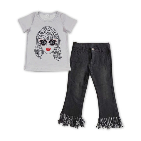 GSPO1471 baby girl clothes 1989 singer tassel girl  bell bottoms jeans outfits