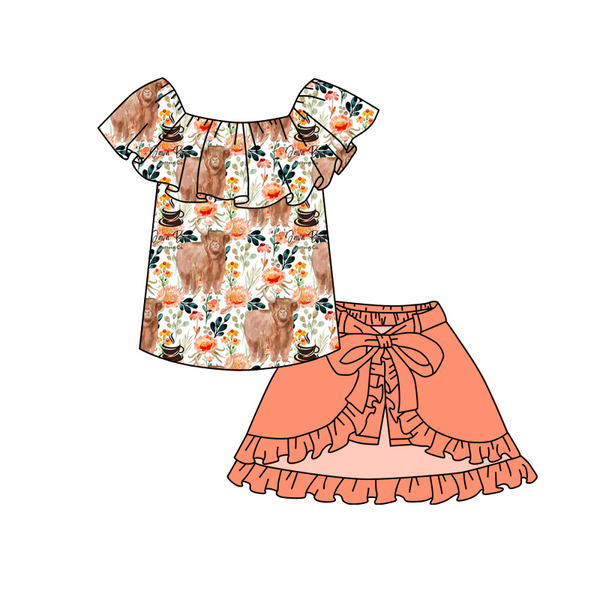 GSSO0184 kids clothes girls summer outfits orange floral skirt set