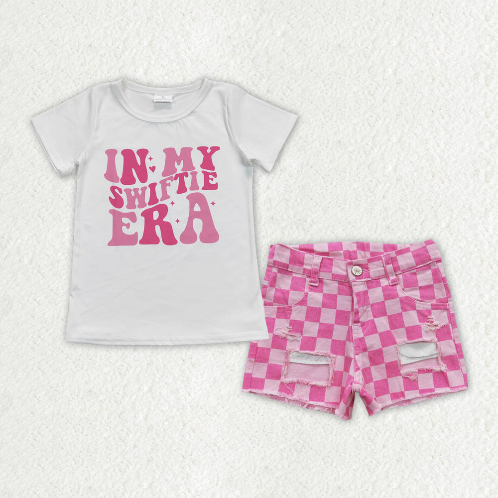 GSSO0671 kids clothes girls pink denim shorts outfit summer shorts set