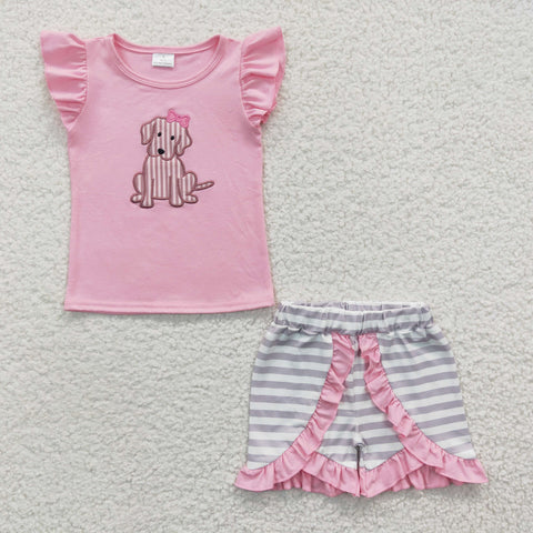 GSSO0223 toddler girl clothes dog embroidery summer shorts set