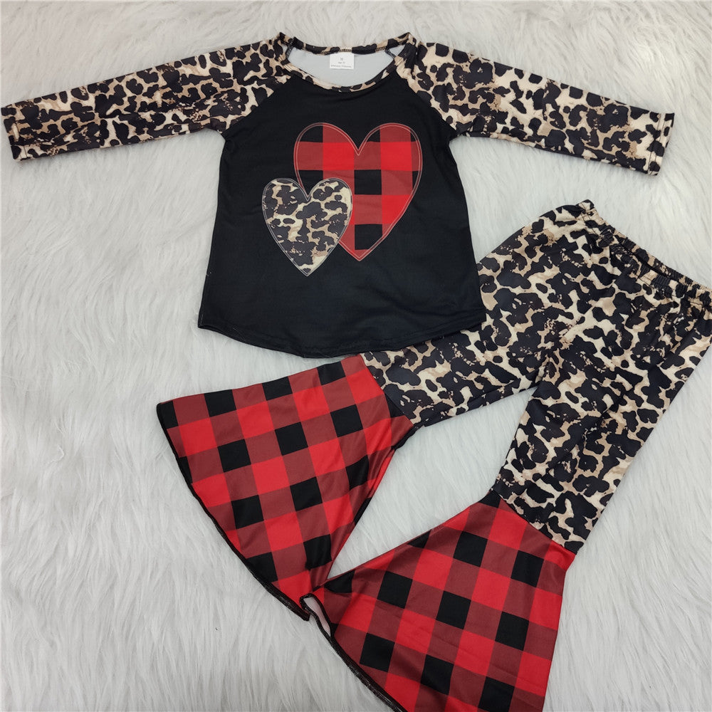 6 A12-27 girl valentines day heart leopard red plaid winter long sleeve set-promotion 2024.1.13