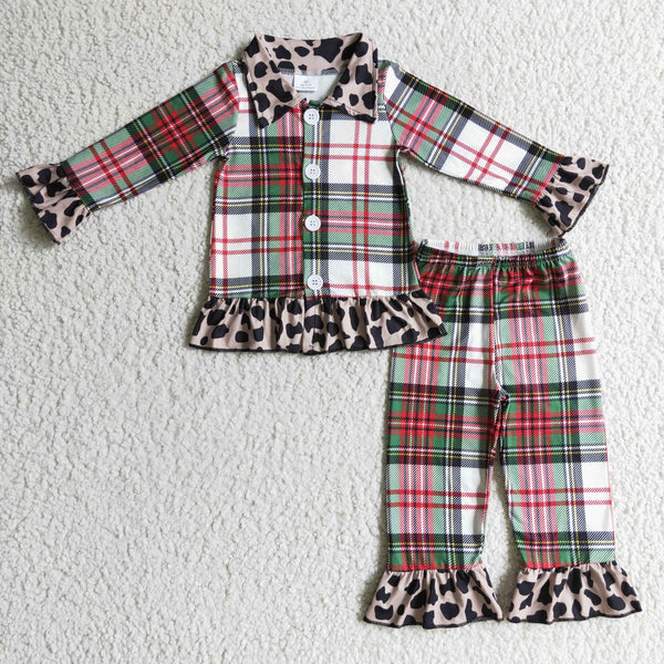 6 B2-4 baby girl clothes plaid leopard winter pajamas set