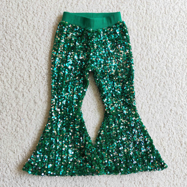 P0033 baby girl clothes green sequin pant girls pants bell bottom