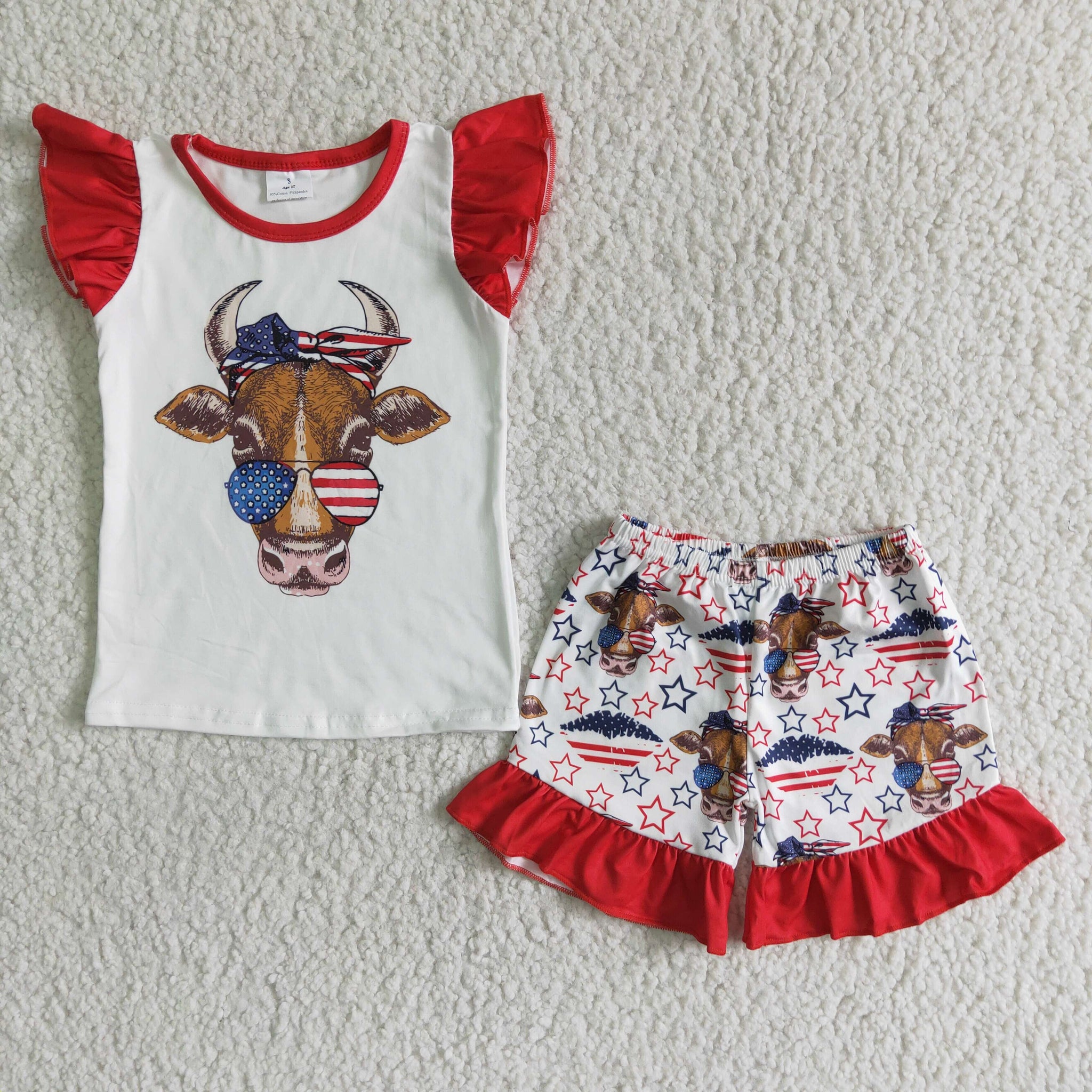 GSSO0046 RTS kids clothing july 4th red cow summer set-promotion 2024.5.3 $5.5