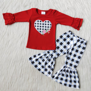 girl valentines day red heart black plaid  winter long sleeve set