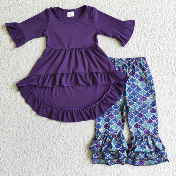 6 A15-12 baby girl clothes purple scales outfits (3/4 sleeve)