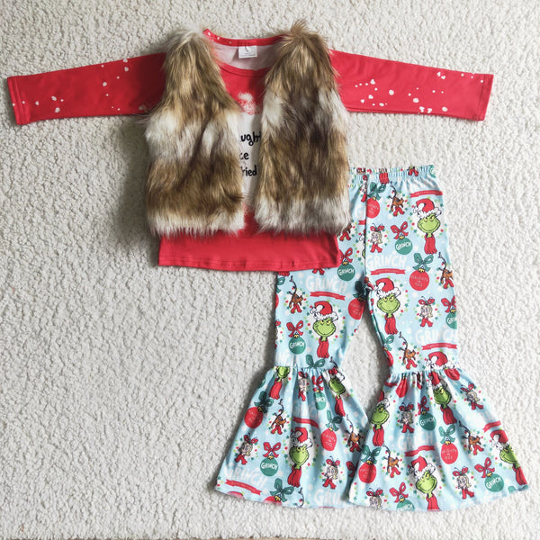 fur vest red cartoon christmas outfits baby girl clothes 2