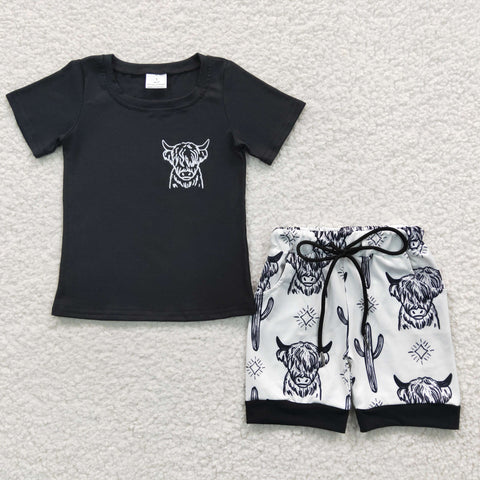 BSSO0209 baby boy clothes black cow vinyl print farm summer outfit
