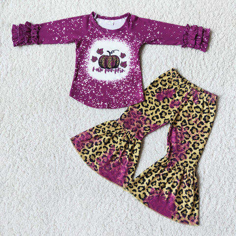 6 B8-2 Girls Halloween Purple Bleach Leopard long Sleeve Bell Bottom Set Outfits-promotion 2023.9.16