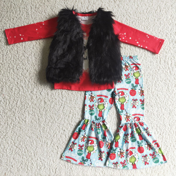 black fur vest red cartoon christmas outfits baby girl clothes