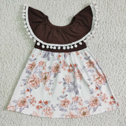 GSD0023 kids clothing brown pompom flower summer dress-promotion 2024.3.30 $5.5