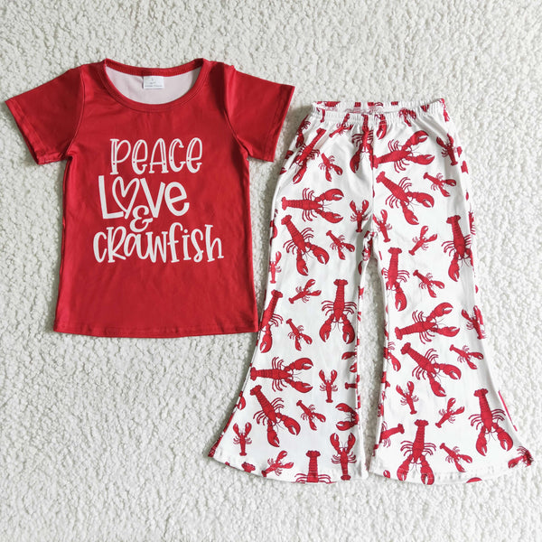 B16-25 kids clothing red peace love crawfish fall spring short sleeve set-promotion 2024.1.6