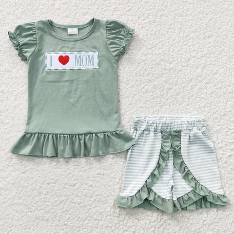 GSSO0189 toddler girl clothes i love mum mother's day embroidery summer shorts set