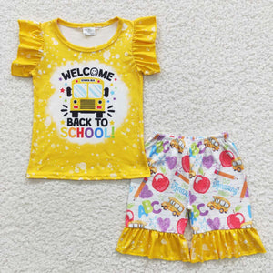GSSO0284 yellow toddler girl clothes back to school girl shorts set