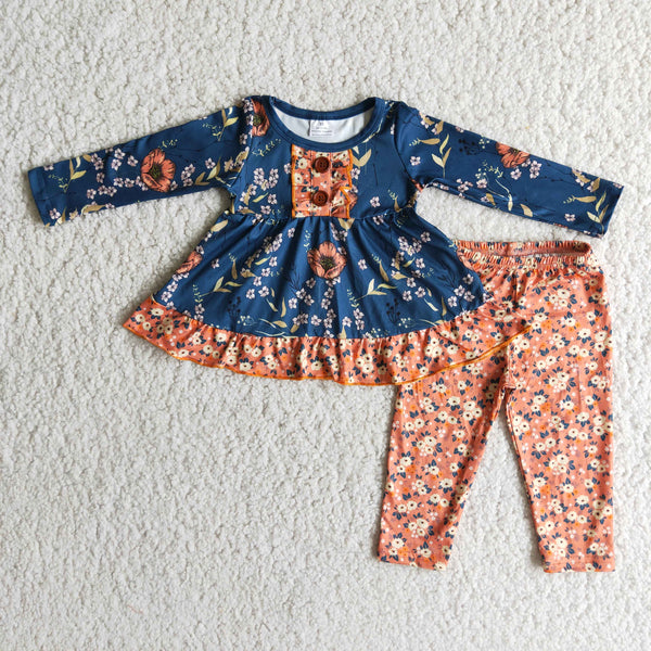 6 B4-22 toddler girl clothes long sleeve navy floral winter clothes set-promotion 2023.11.25