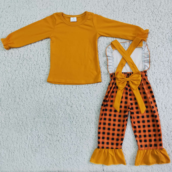 girl thanksgiving turkey orange plaid long sleeve set  shirt +jumpsuit