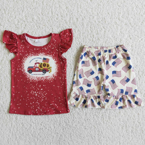 girl clothes red flag truck  july 4th patriotic set