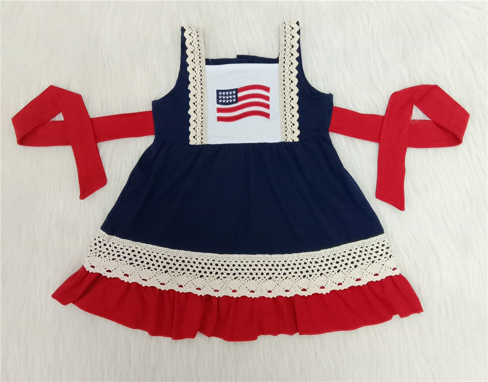 girl clothes navy flag emboridery july 4th  patriotic flutter dress