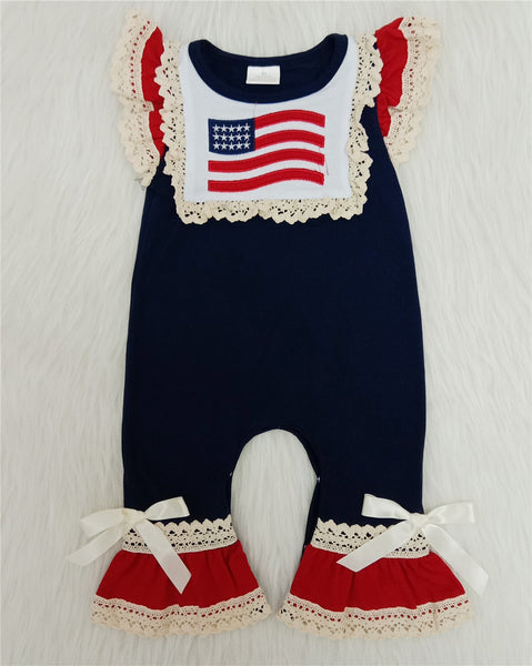 girl clothes navy flag embrodery  july 4th patriotic romper