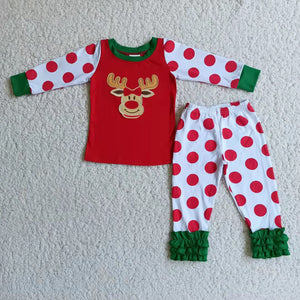 6 B4-18 girl red dot deer emboridery christmas pajamas set-promotion 2023.11.25