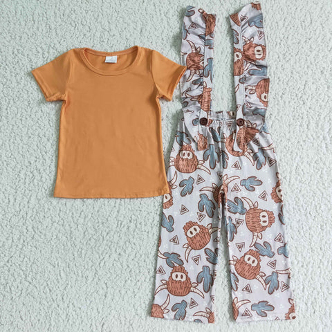 GSPO0096 girl orange cow shirt + overalls set