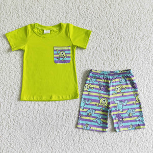 BSSO0044 kids clothing boy green pocket cartoon set-promotion 2024.4.5 $5.5
