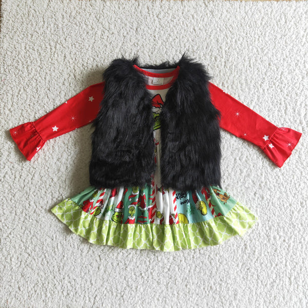 white fur vest red cartoon baby girl clothes christmas dress 1