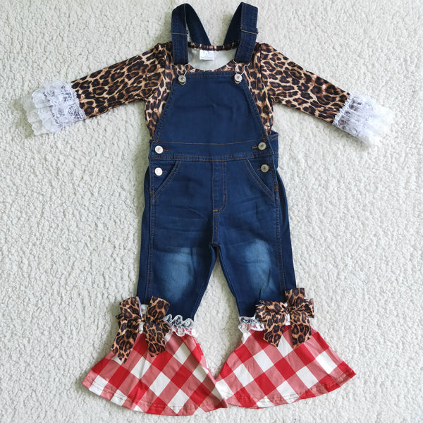 toddler girl clothes girl jeans leopard red plaid denim shirt +overalls winter set