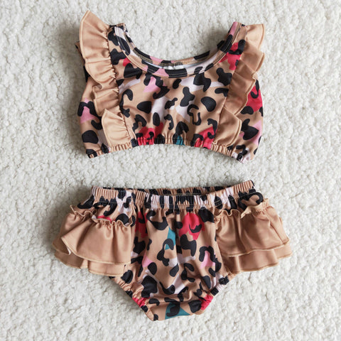 girl clothes summer leopard brown swim suit 2pcs set