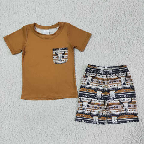 BSSO0073 kids clothing cow brown pocket summer set