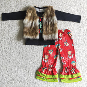 fur vest red cartoon christmas outfits baby girl clothes 5