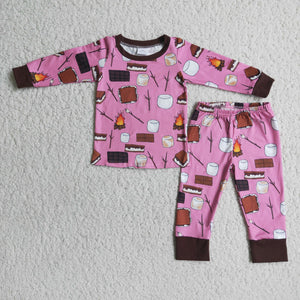 6 B3-18 baby girl clothes pink bonfire branches long sleeve winter pajamas set-promotion 2023.11.18