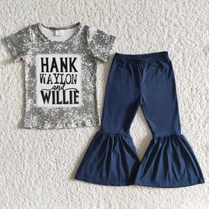 girl  hank waylon and willie navy pants short sleeve spring fall set