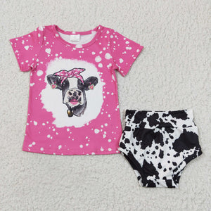 GBO0065 baby girl clothes cow hot pink bummies set