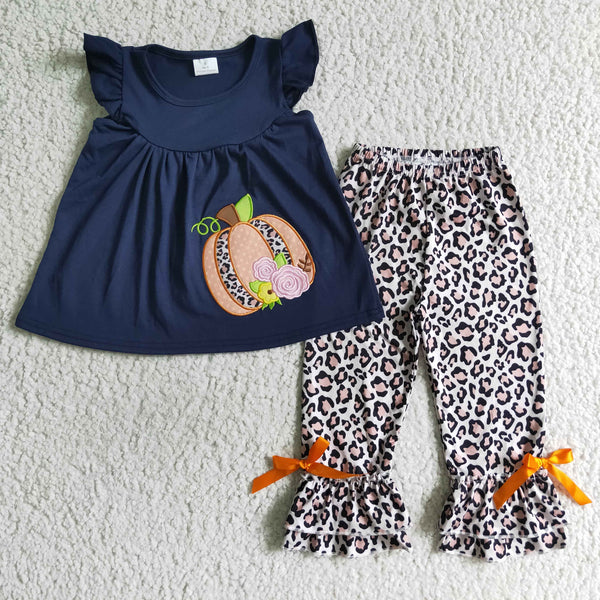 GSPO0133 kids clothes girls leopard pumpkin embroidery halloween boutique kids clothing