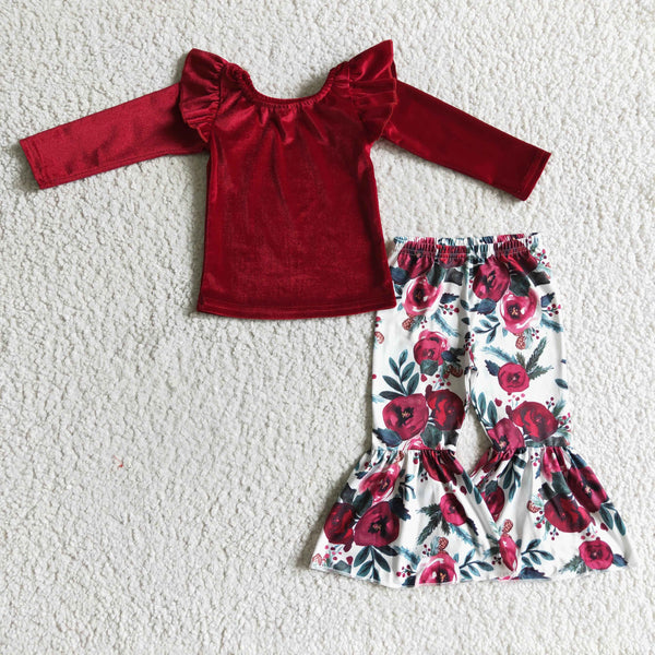 GLP0361 baby girl clothes floral velvet wintet set