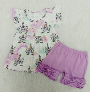 girl purple unicorn flutter sleeve summer set