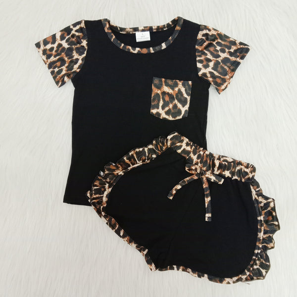 C4-12 girl clothing black leopard pocket short sleeve summer set