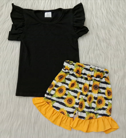 c4-4 promotion girl clothing summer black sunflower flutter sleeve set