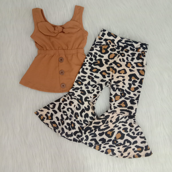 A18-3 girl brown leopard bow top bell bottom pants  sping fall set