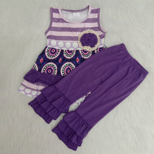 girl ruffles purple stripe sleeveless fall spring set