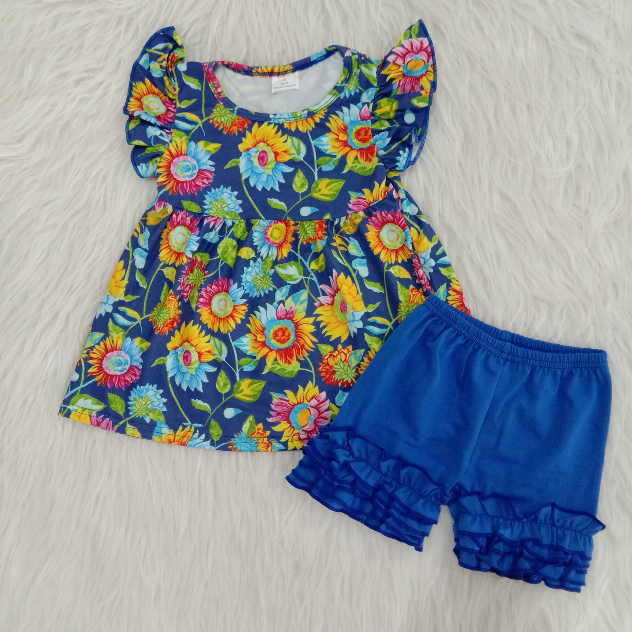 girl  summer blue sunflower flutter sleeve set